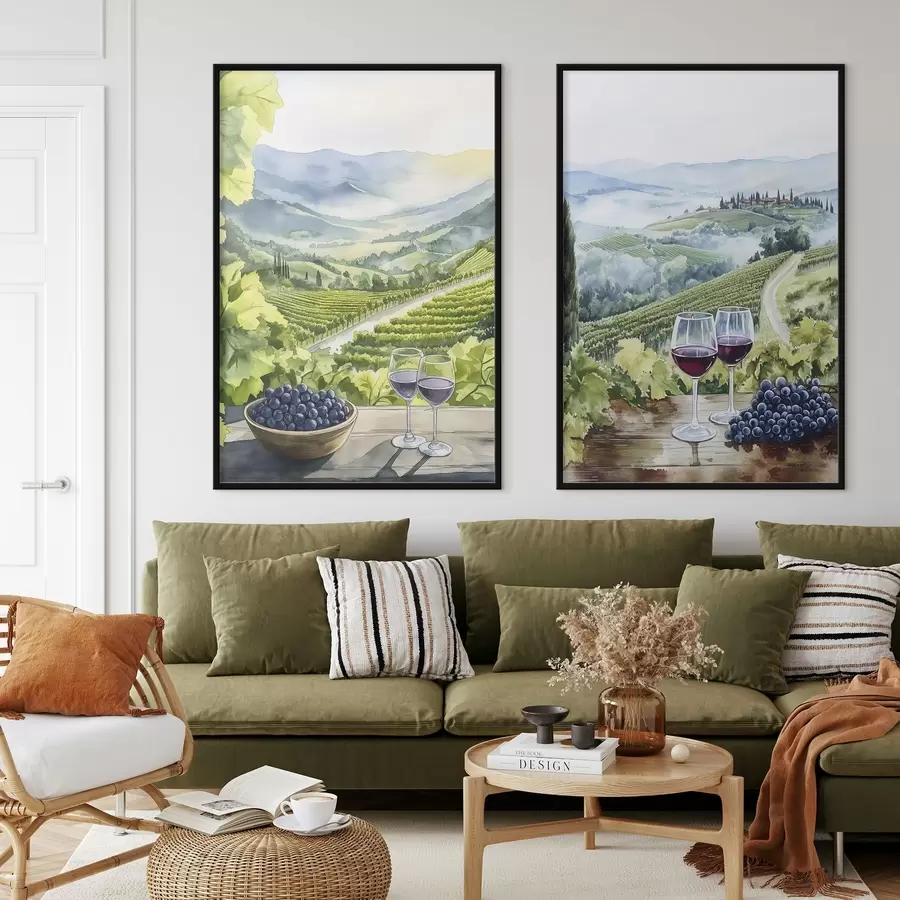 murales de pared Hermosos paisajes de la Toscana, patios de uva, copas de vino, estilo acuarela, Italia d00408