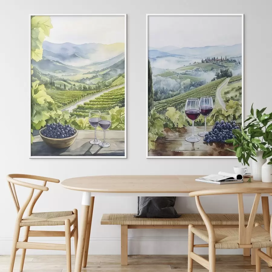 murales de pared Hermosos paisajes de la Toscana, patios de uva, copas de vino, estilo acuarela, Italia d00408