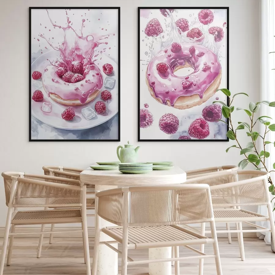 murales de pared Deliciosos donuts estilo acuarela con frambuesas, colores rosas d00412