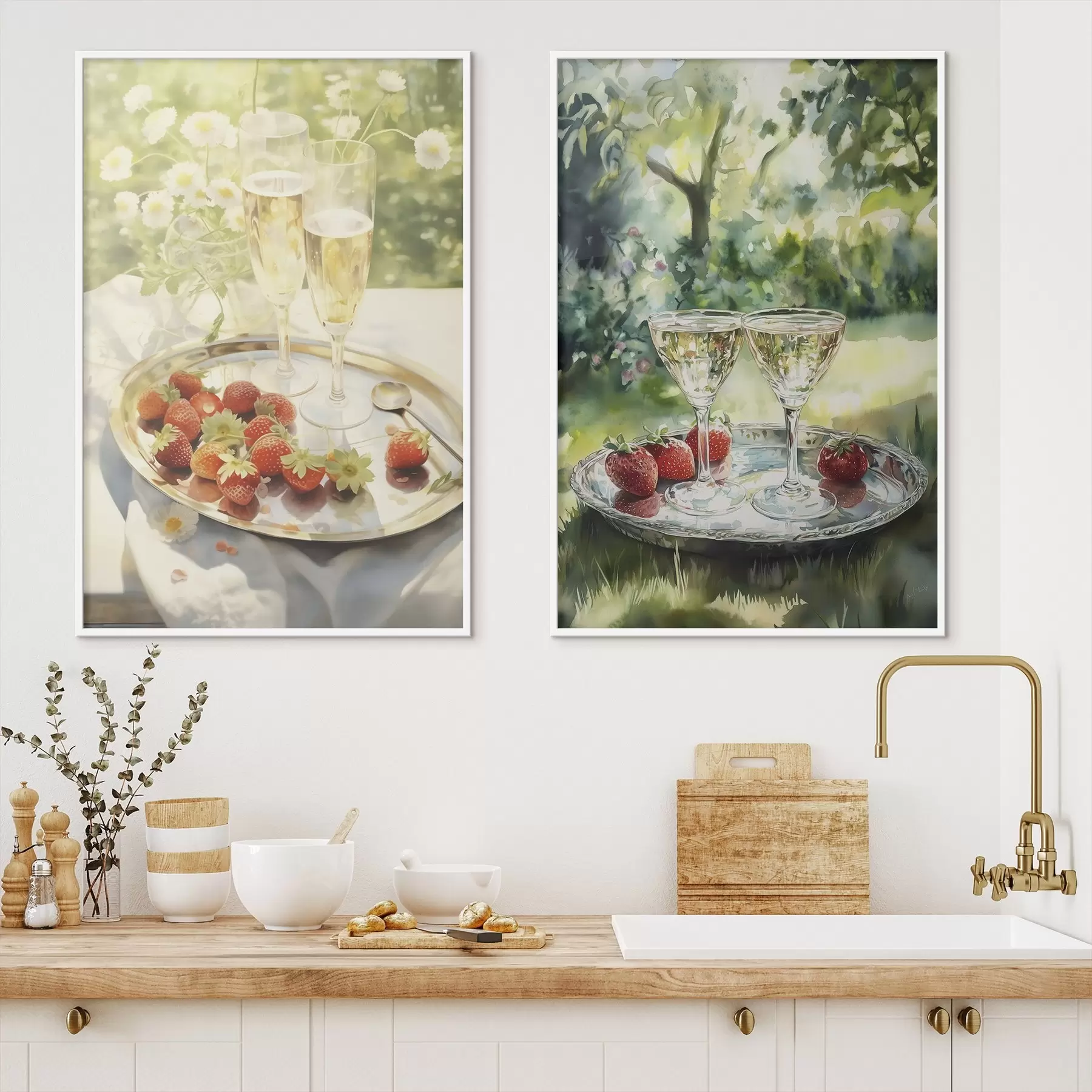 murales de pared Picnic de verano, copas de champán con fresas en la bandeja, flores de manzanilla d00414