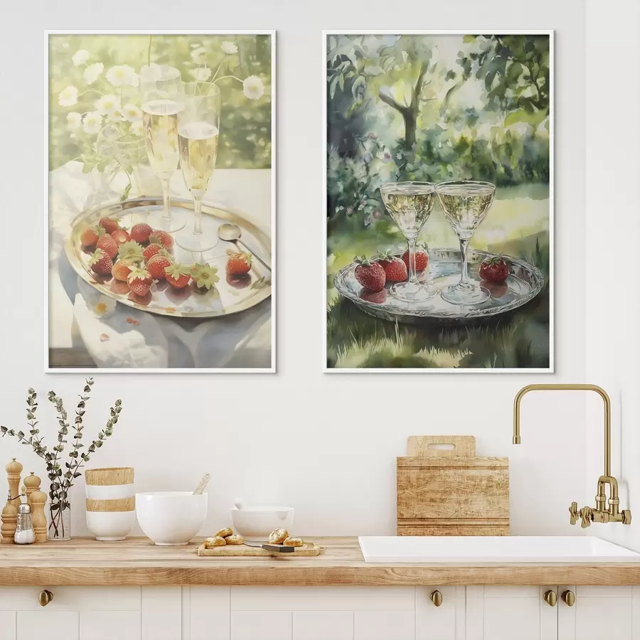 murales de pared Picnic de verano, copas de champán con fresas en la bandeja, flores de manzanilla d00414