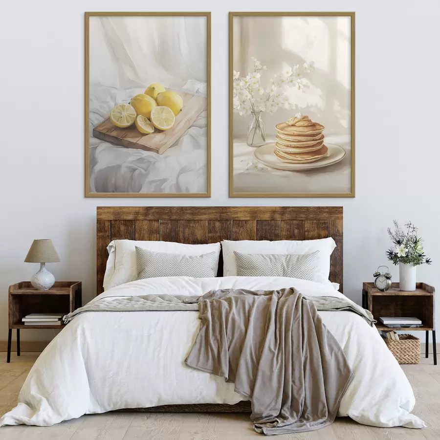 murales de pared Panqueques con mantequilla de maní, limones en la tabla de madera, estilo acuarela d00416