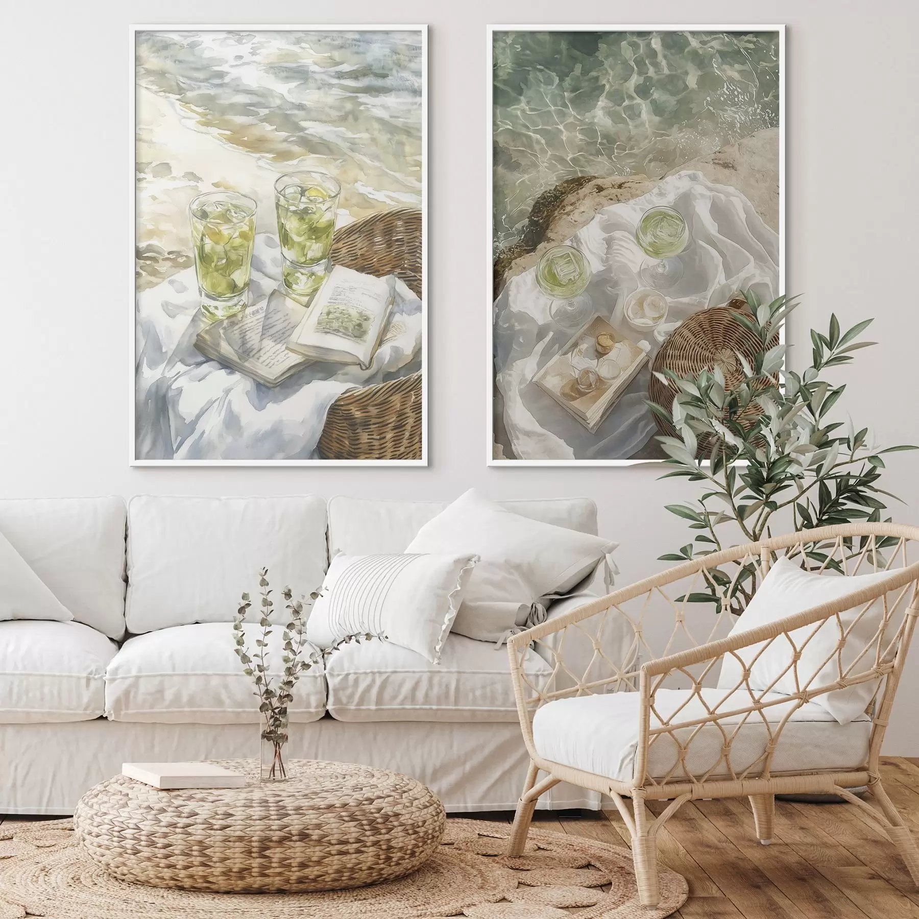 murales de pared Cócteles en la playa, dibujo estilo acuarela, océano, picnic de verano d00417