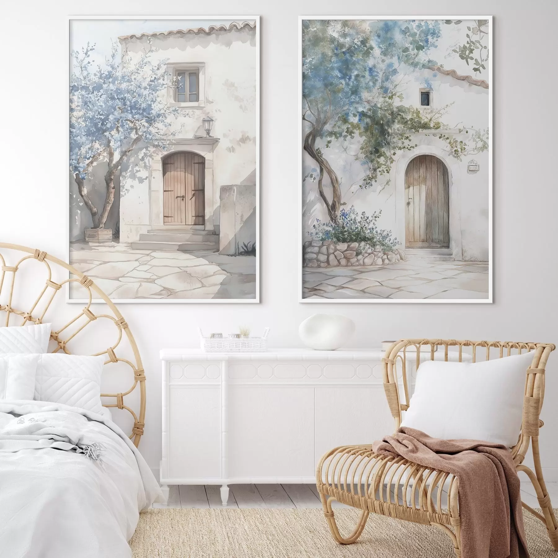 murales de pared Casas griegas blancas con árboles en flor, mediterráneo, dibujo estilo acuarela d00419