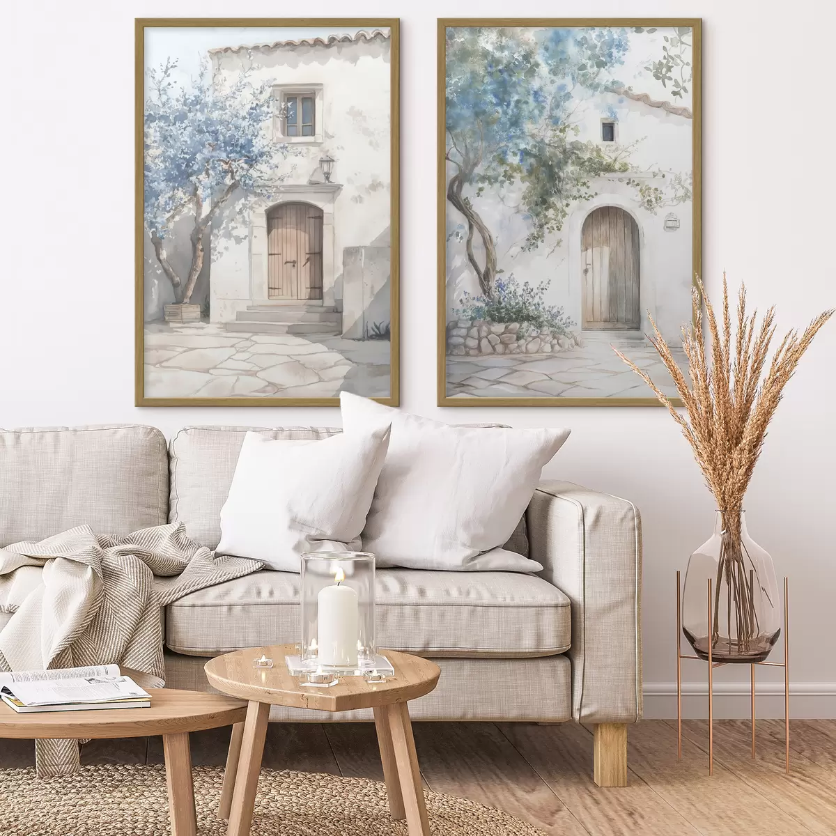 Poster Casas griegas blancas con árboles en flor, mediterráneo, dibujo estilo acuarela d00419