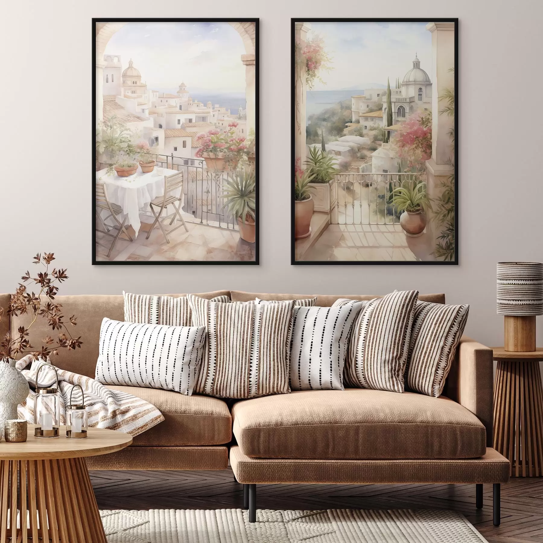 murales de pared Puesta de sol en el balcón, arquitectura, flores en flor, estilo acuarela, mediterráneo d00420