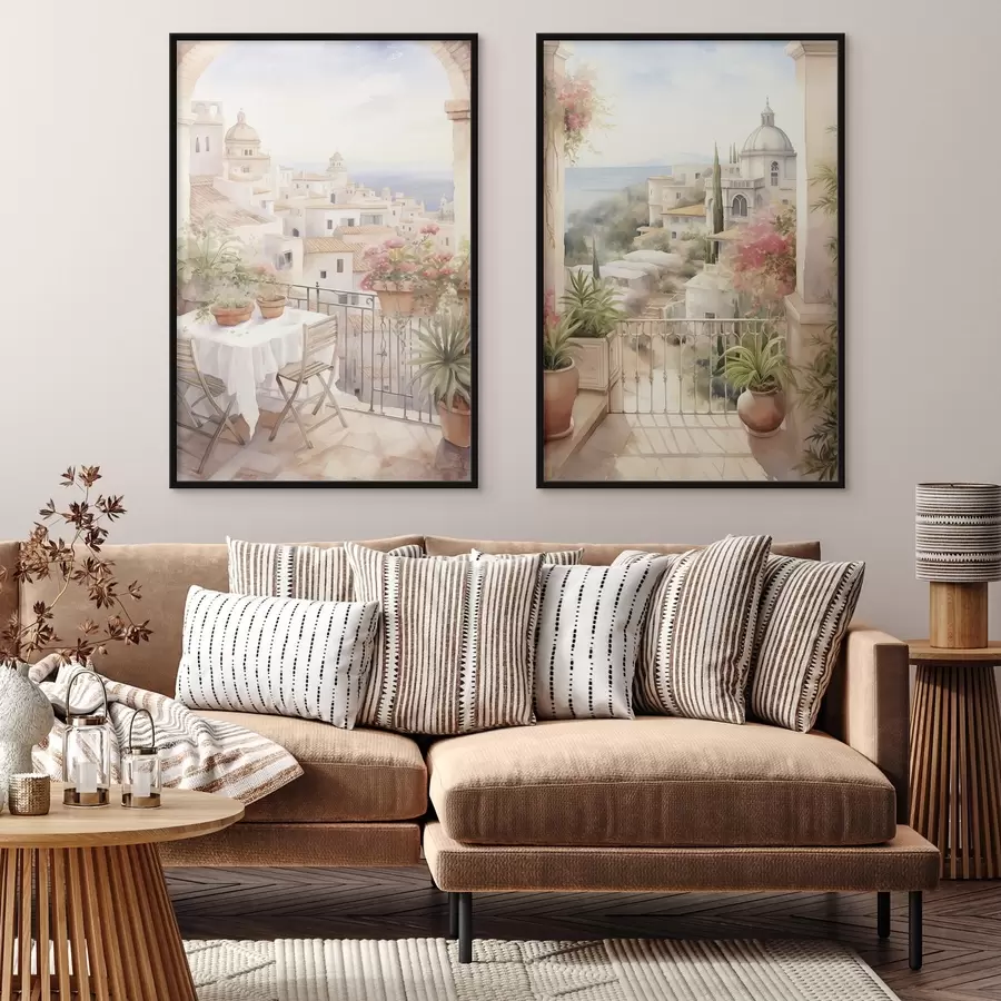 murales de pared Puesta de sol en el balcón, arquitectura, flores en flor, estilo acuarela, mediterráneo d00420