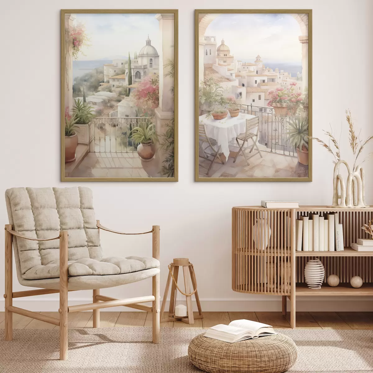 Poster Puesta de sol en el balcón, arquitectura, flores en flor, estilo acuarela, mediterráneo d00420