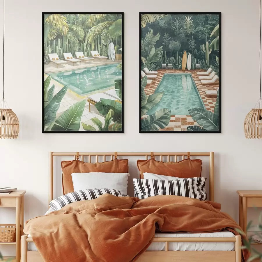 murales de pared Piscina de verano, vintage, bosque tropical, vegetación, palmeras, estilo acuarela d00422