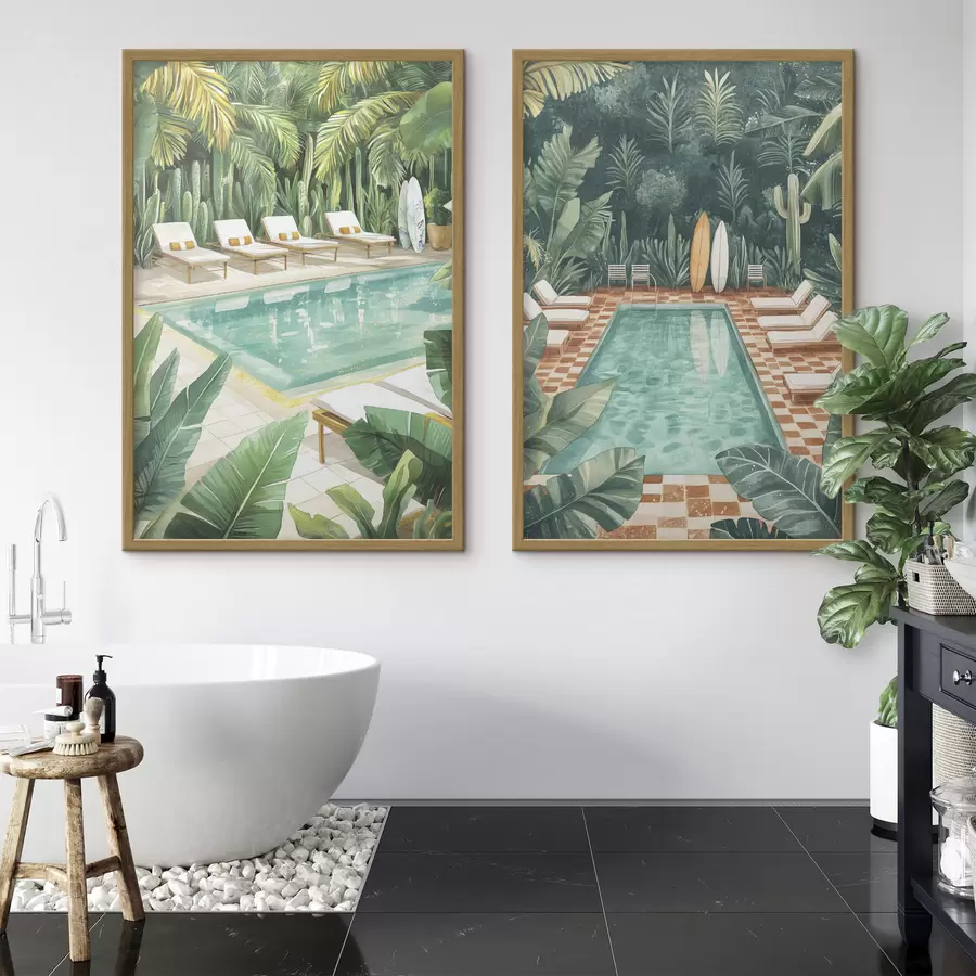 murales de pared Piscina de verano, vintage, bosque tropical, vegetación, palmeras, estilo acuarela d00422