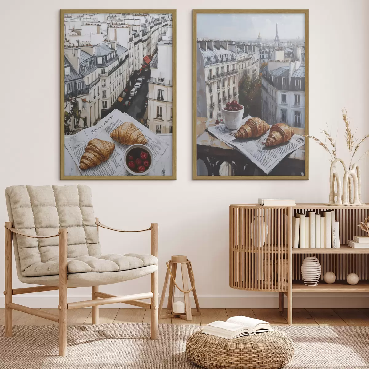 Poster Vista de la ciudad en un balcón de París, Torre Eiffel, fresas, café, diario d00445