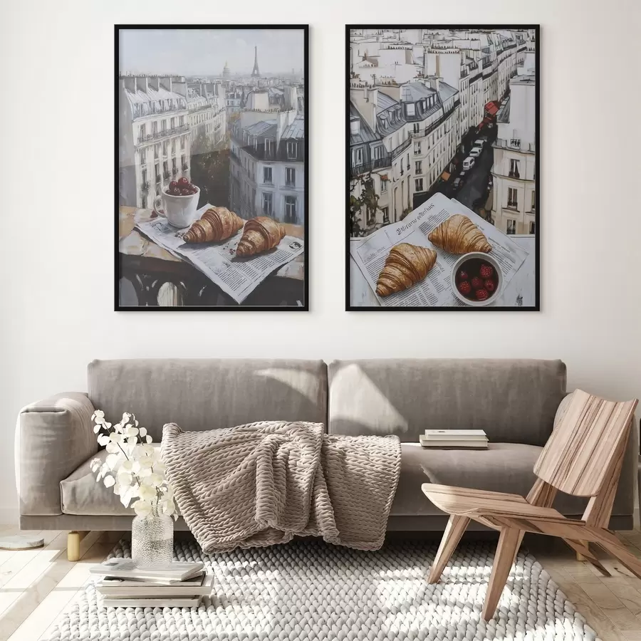 murales de pared Vista de la ciudad en un balcón de París, Torre Eiffel, fresas, café, diario d00445