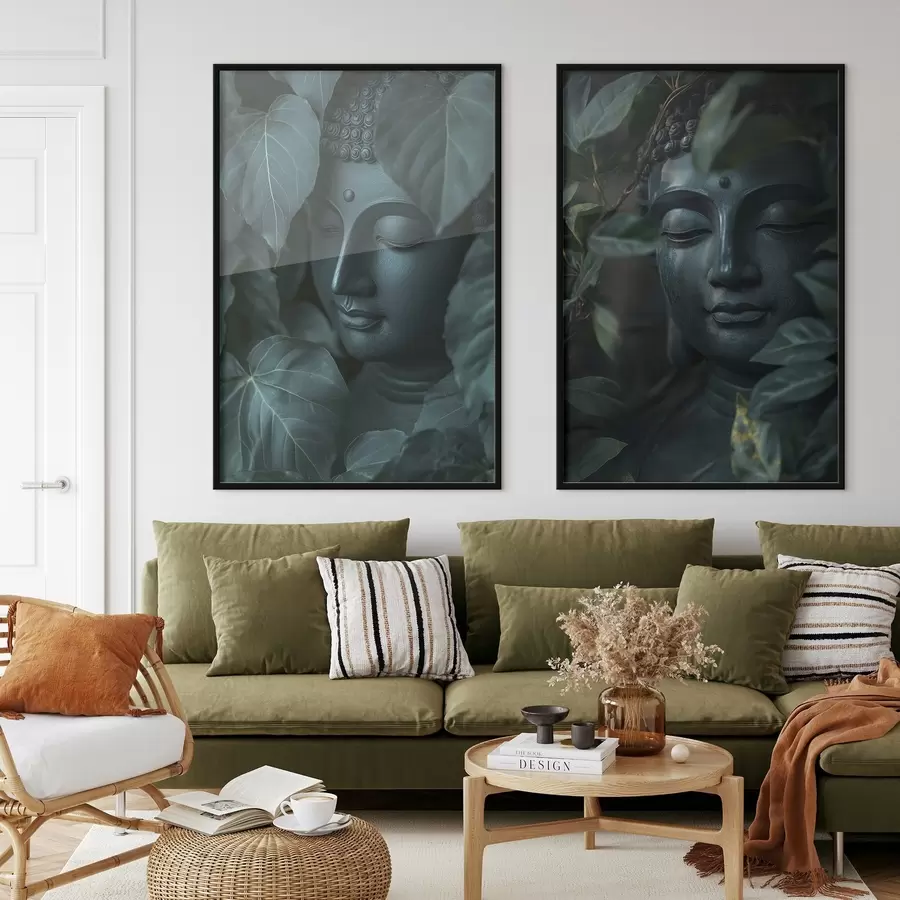 murales de pared Buda meditativo en las hojas verdes, budismo, tropical, realismo d00447