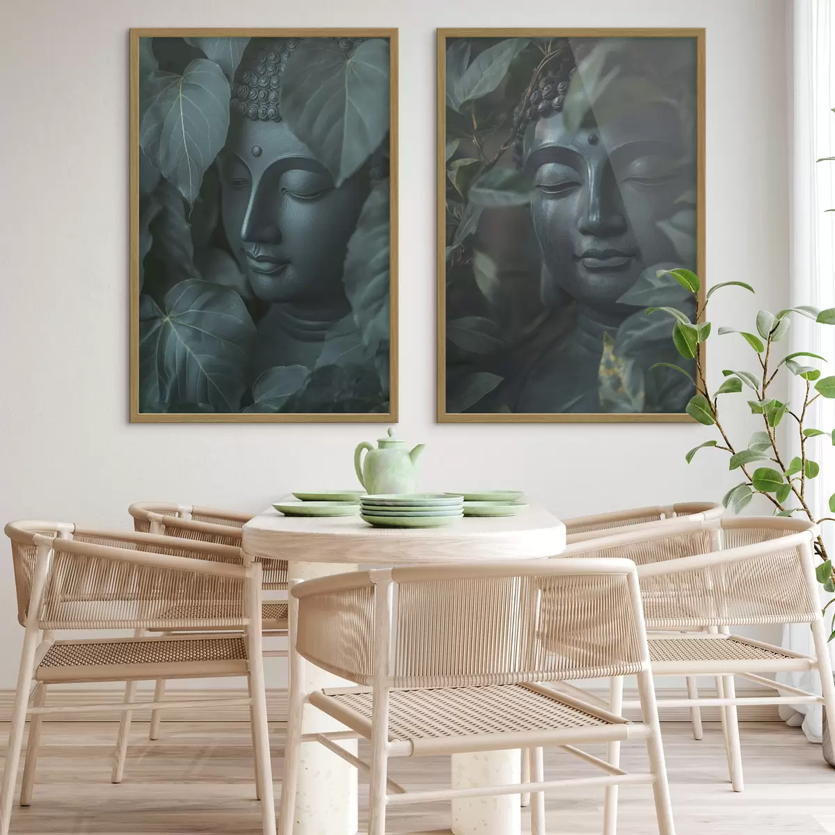 Poster Buda meditativo en las hojas verdes, budismo, tropical, realismo d00447