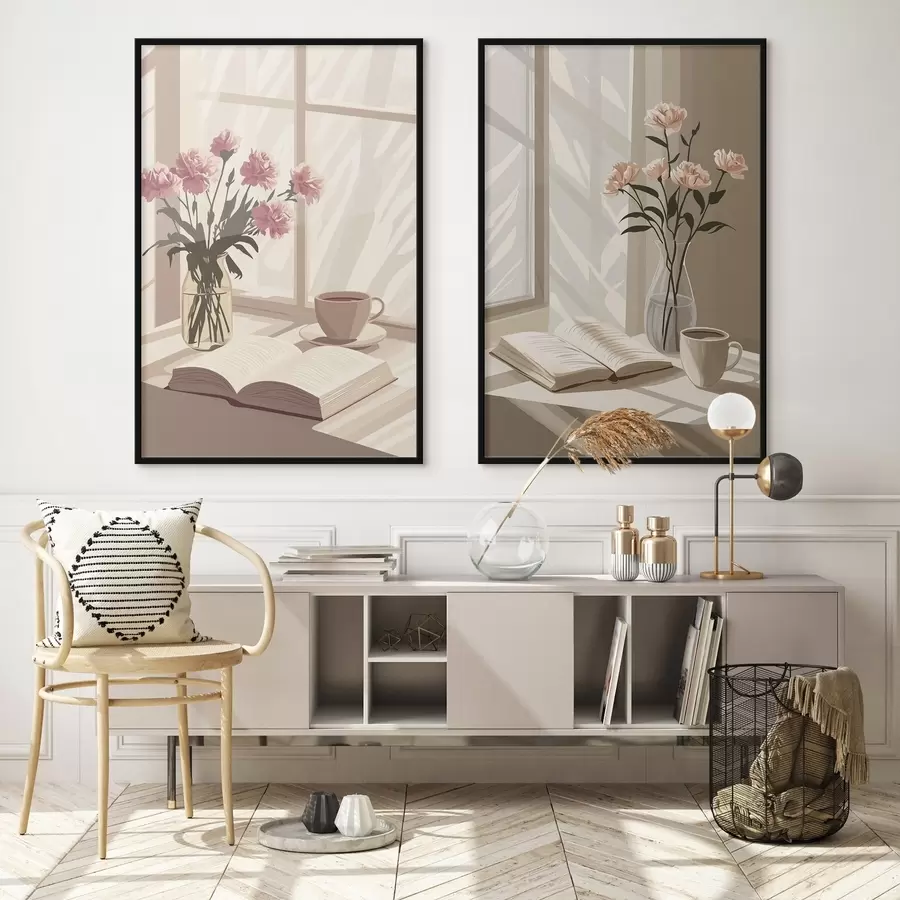 murales de pared Abstracción, estética matinal, taza de café, libro, flores d00448