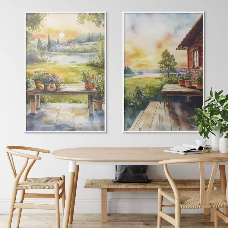 murales de pared Pueblo de verano, puesta de sol, rústico, flores, lago, estilo acuarela d00449