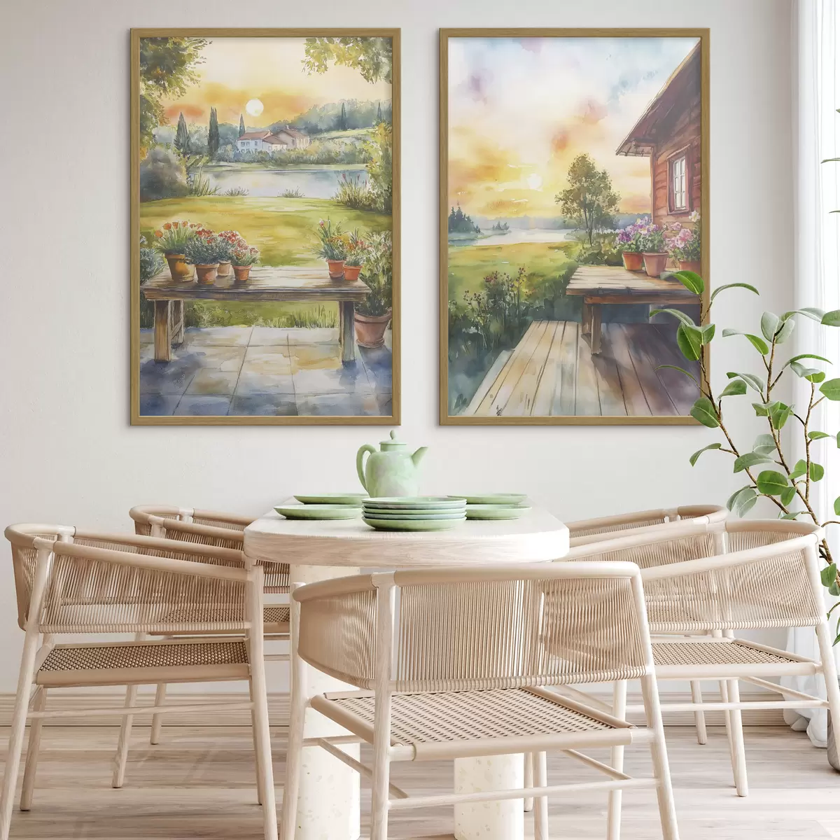 Poster Pueblo de verano, puesta de sol, rústico, flores, lago, estilo acuarela d00449