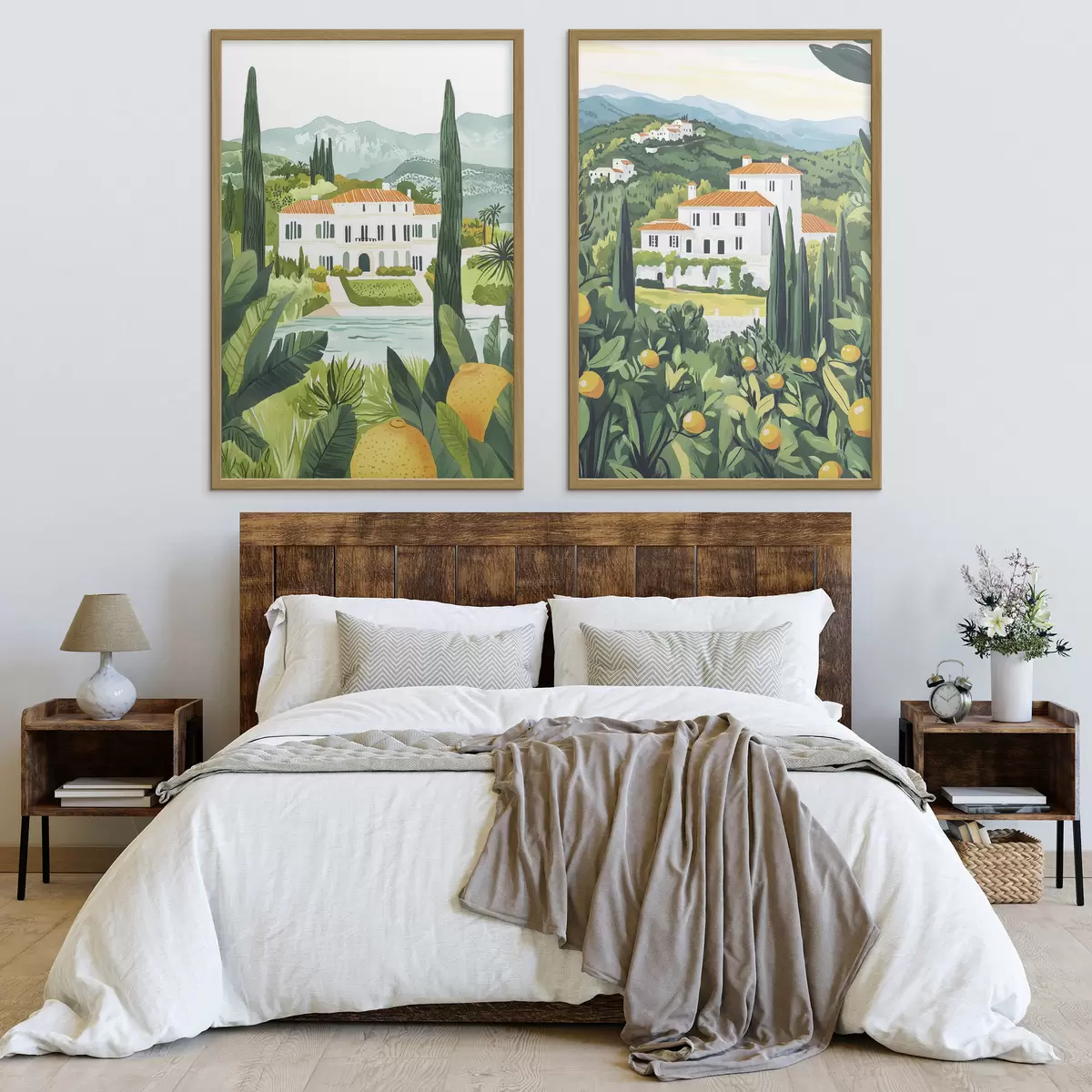 Poster Paisajes mediterráneos con árboles y casas, costa del mar, España d00450