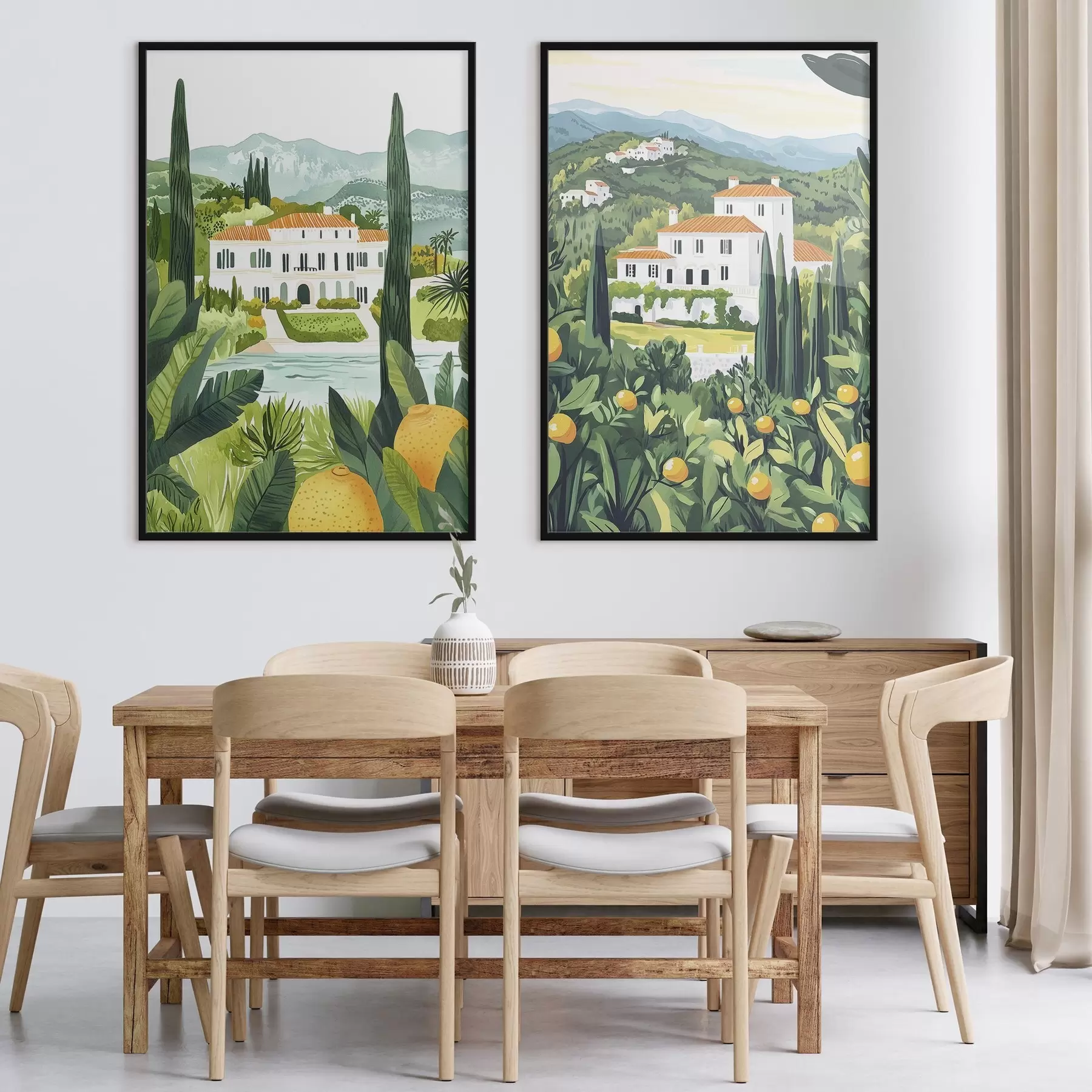 murales de pared Paisajes mediterráneos con árboles y casas, costa del mar, España d00450