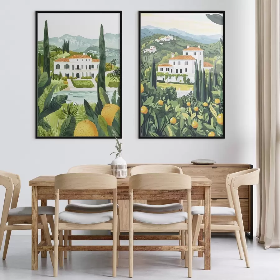 murales de pared Paisajes mediterráneos con árboles y casas, costa del mar, España d00450