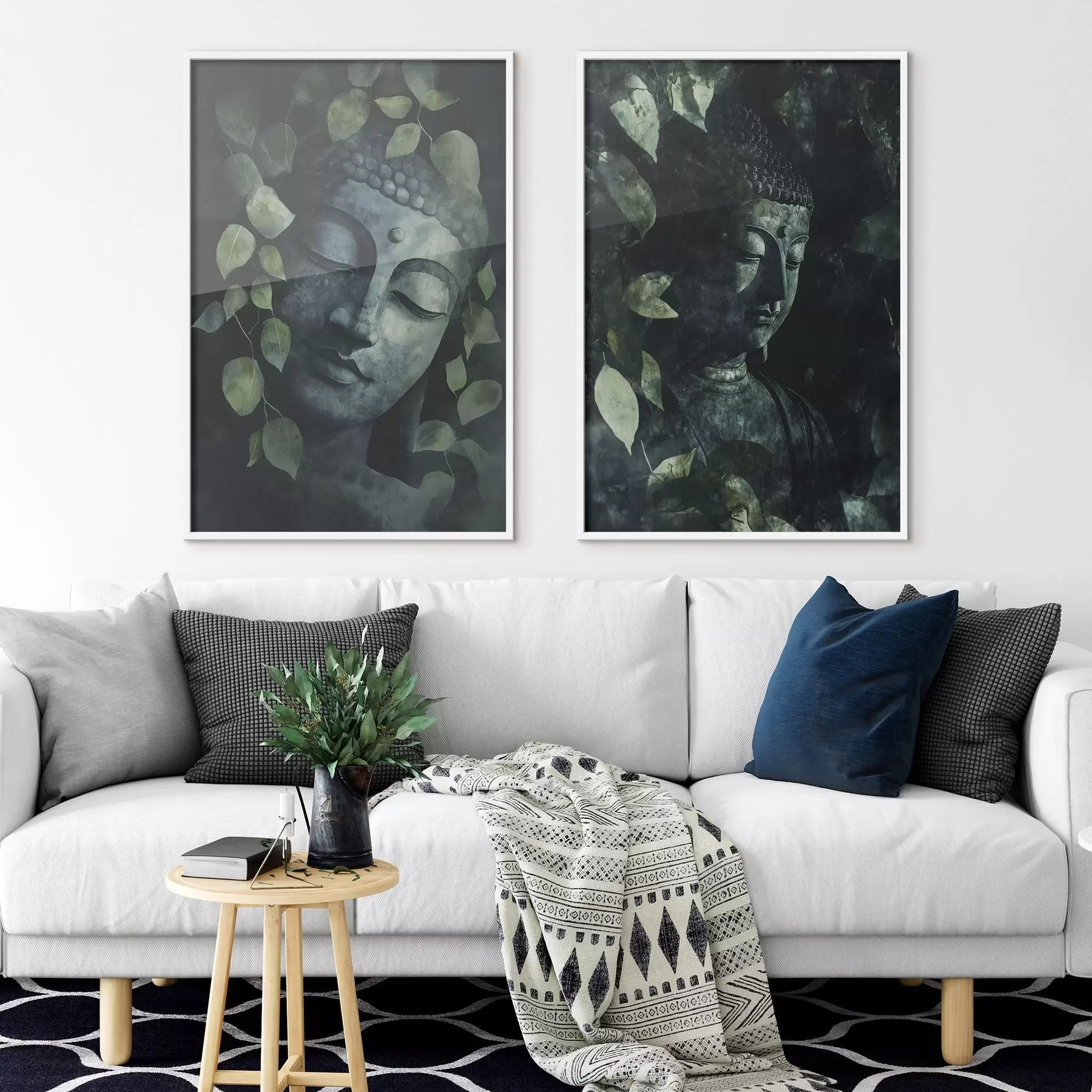 murales de pared Buda verde en hojas tropicales, estilo acuarela d00451