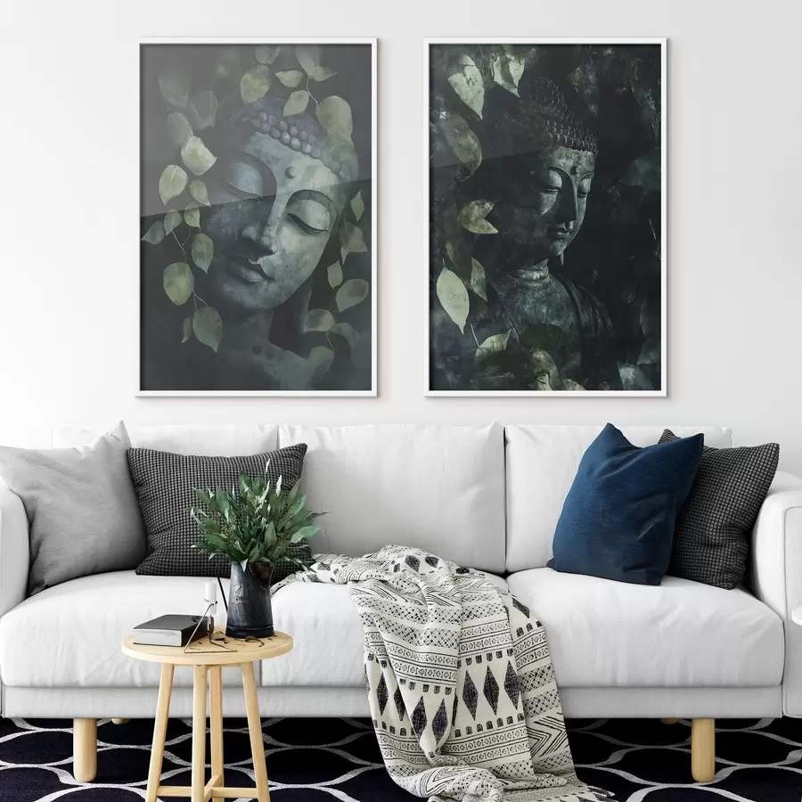 murales de pared Buda verde en hojas tropicales, estilo acuarela d00451