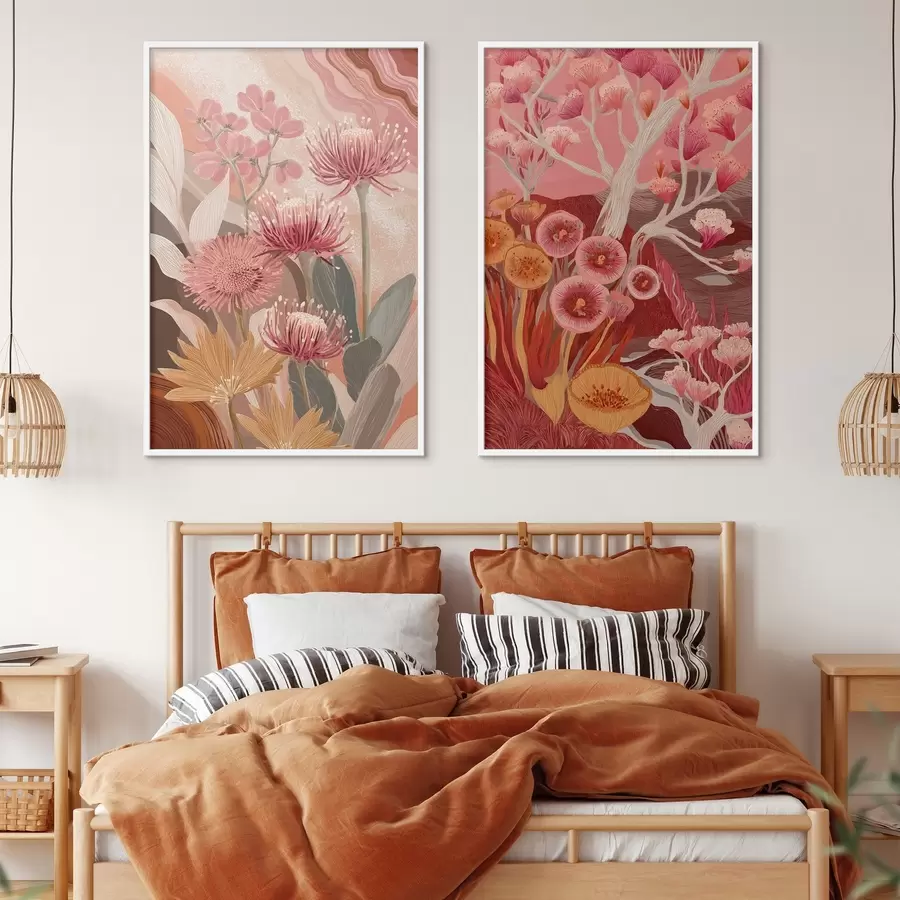 murales de pared Flores de estilo boho, dibujo detallado, colores burdeos d00476