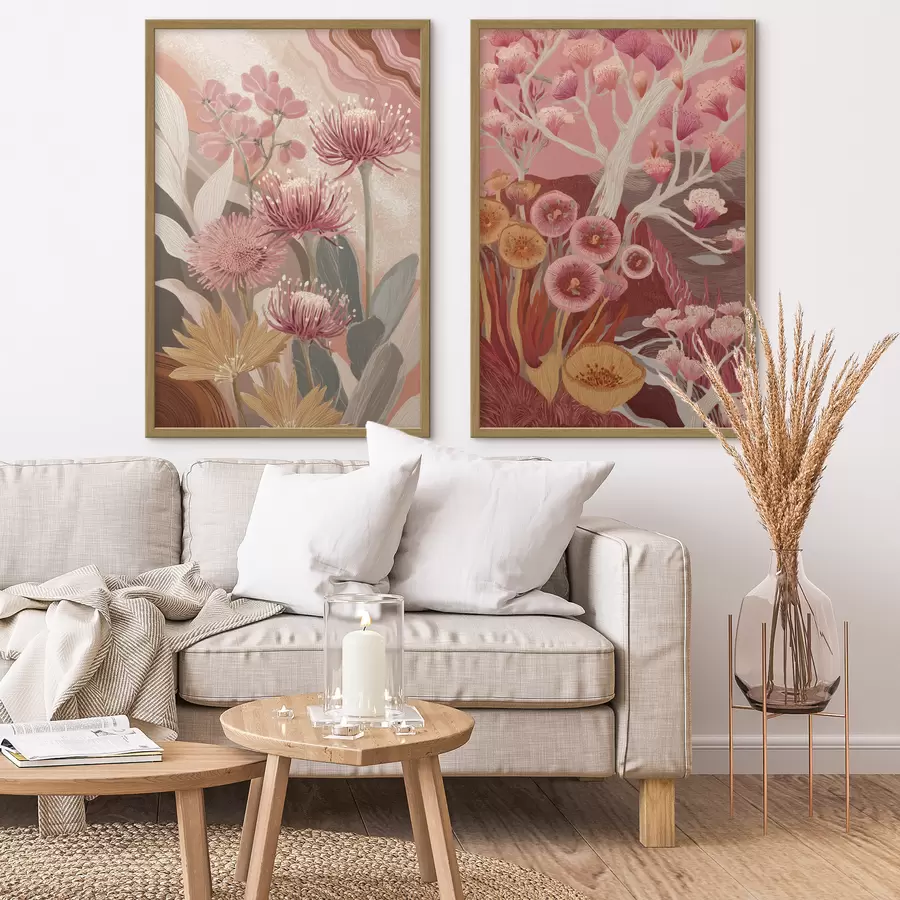 murales de pared Flores de estilo boho, dibujo detallado, colores burdeos d00476