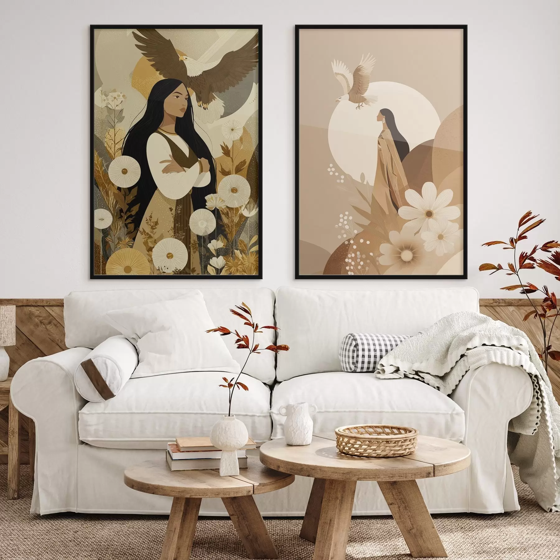murales de pared Mujeres con águilas voladoras, estilo tribal, colores beige d00477