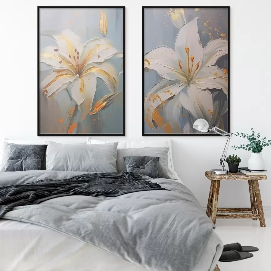 murales de pared Lirios blancos con trazos amarillos sobre fondo azul d00497