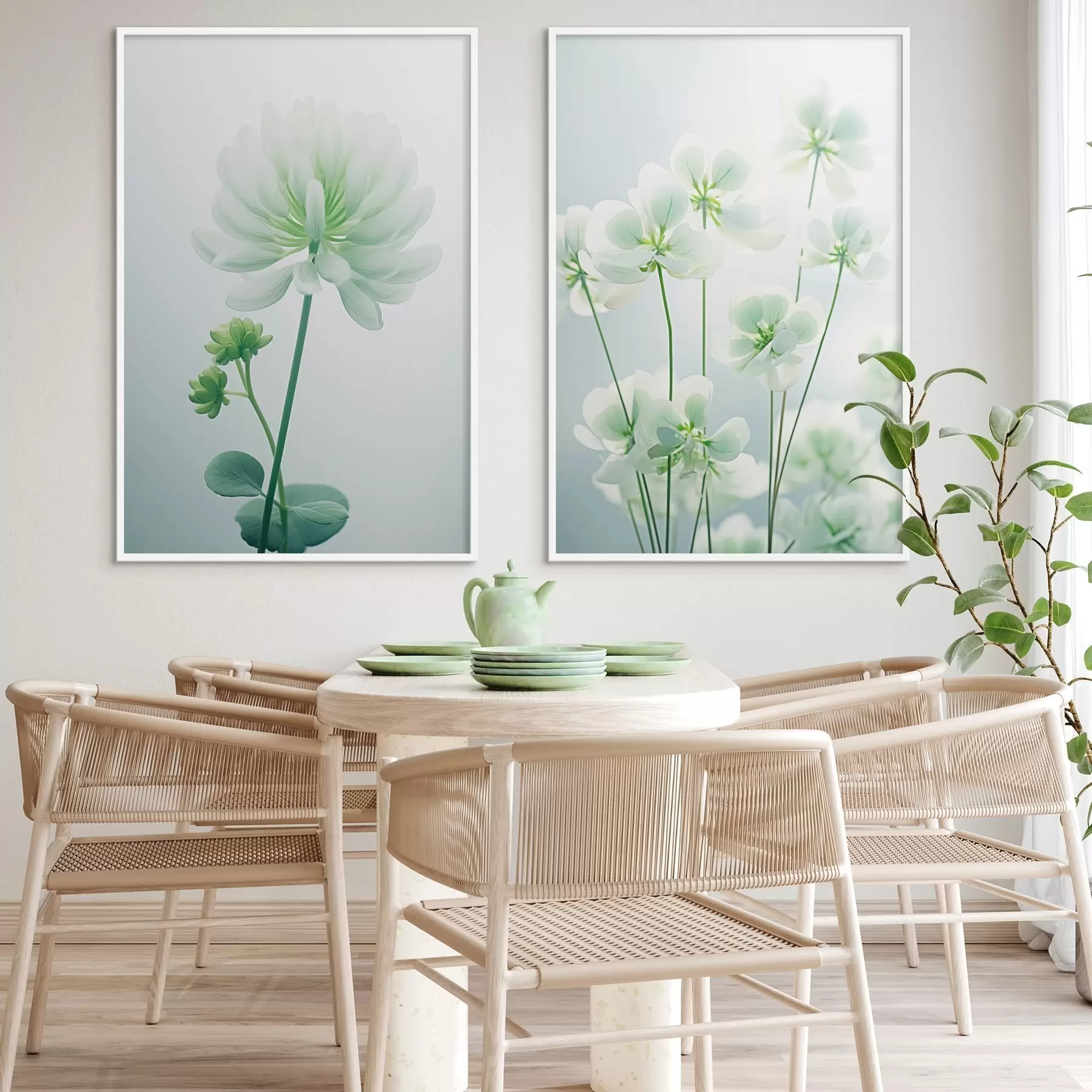 murales de pared Flores de trébol blanco con tallo y hojas verdes, iluminación suave, fondo limpio, composición minimalista, botánica d00520