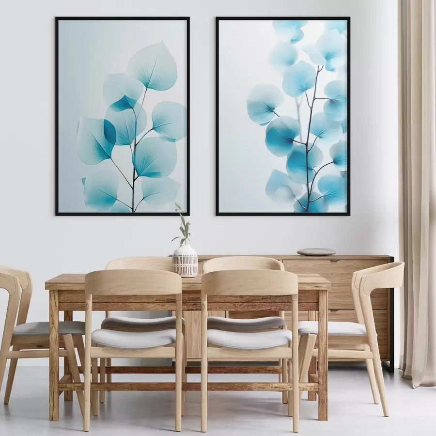 murales de pared Rama con hojas azul translúcido, delicadas venas visibles, composición ligera y tranquila, estética minimalista d00522