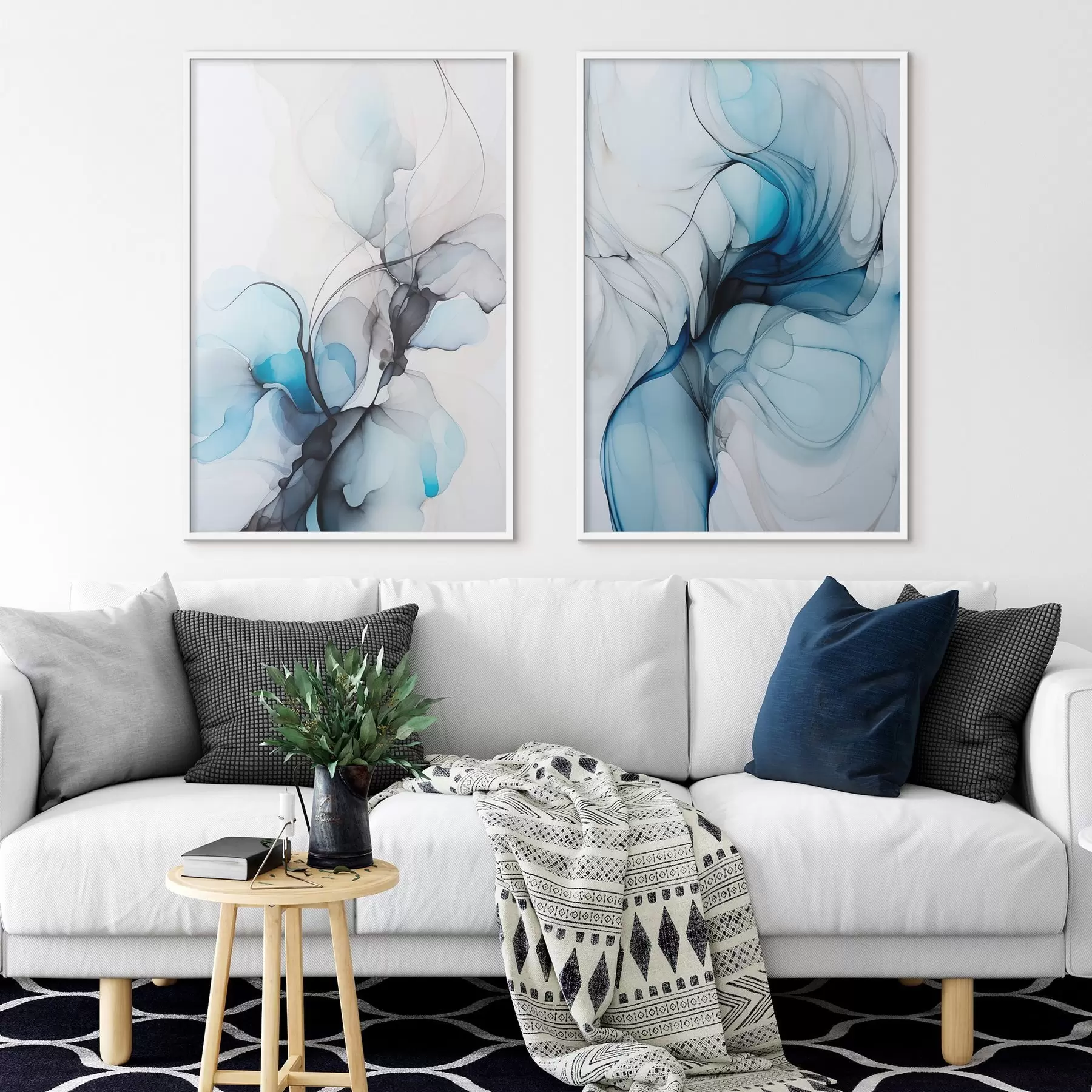 murales de pared Composición abstracta con líneas fluidas y pétalos translúcidos en tonos azul blanco y beige, imitación de tinta de alcohol d00523