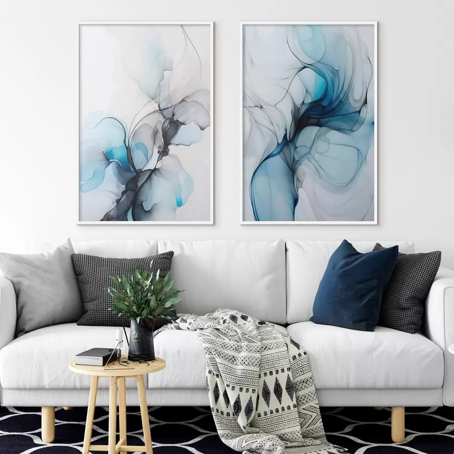 murales de pared Composición abstracta con líneas fluidas y pétalos translúcidos en tonos azul blanco y beige, imitación de tinta de alcohol d00523