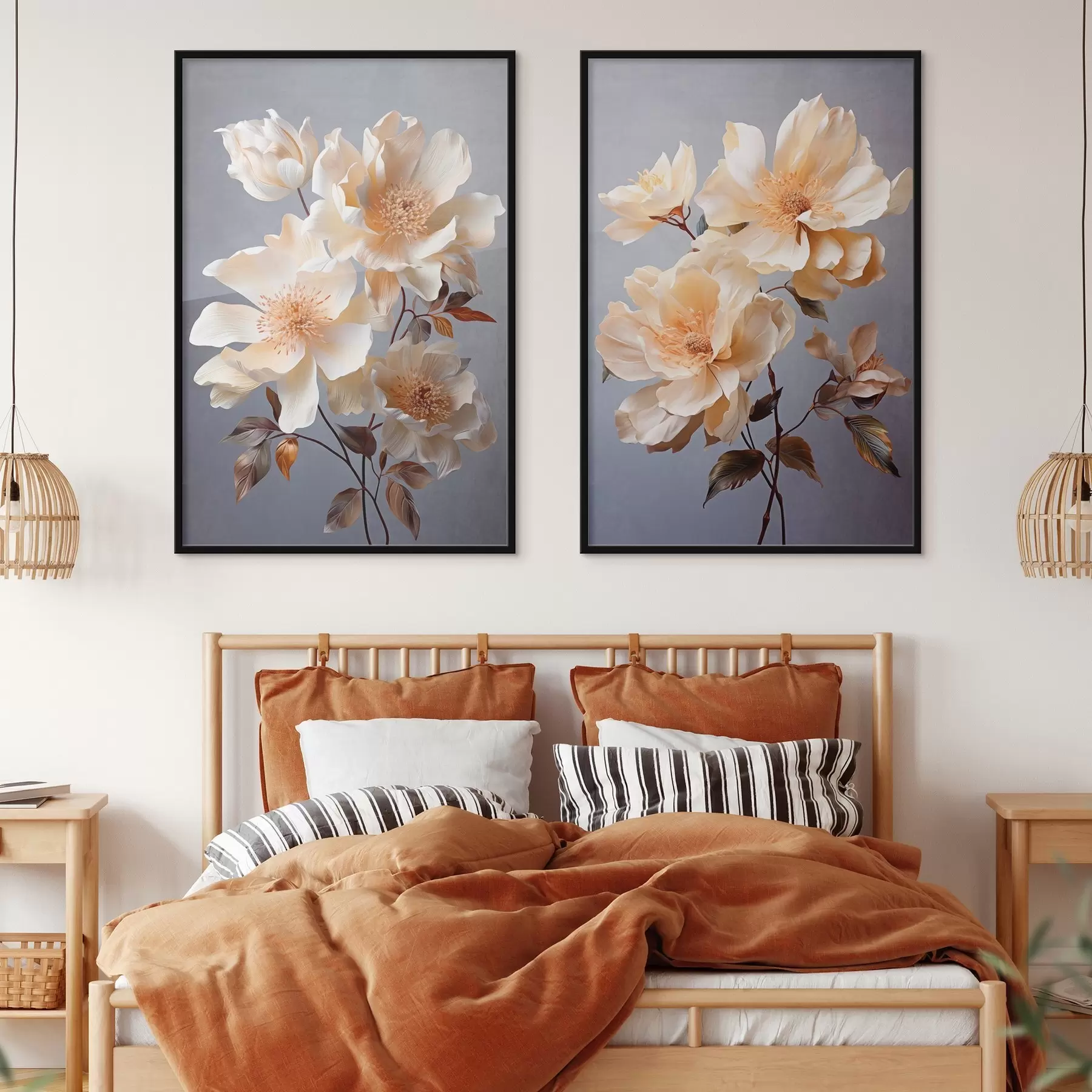 murales de pared Flores texturizadas con pistilos naranjas y hojas naranjas sobre fondo gris, luz suave, elegante, detallado, realista d00525