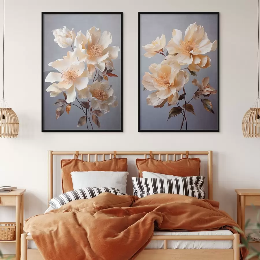 murales de pared Flores texturizadas con pistilos naranjas y hojas naranjas sobre fondo gris, luz suave, elegante, detallado, realista d00525