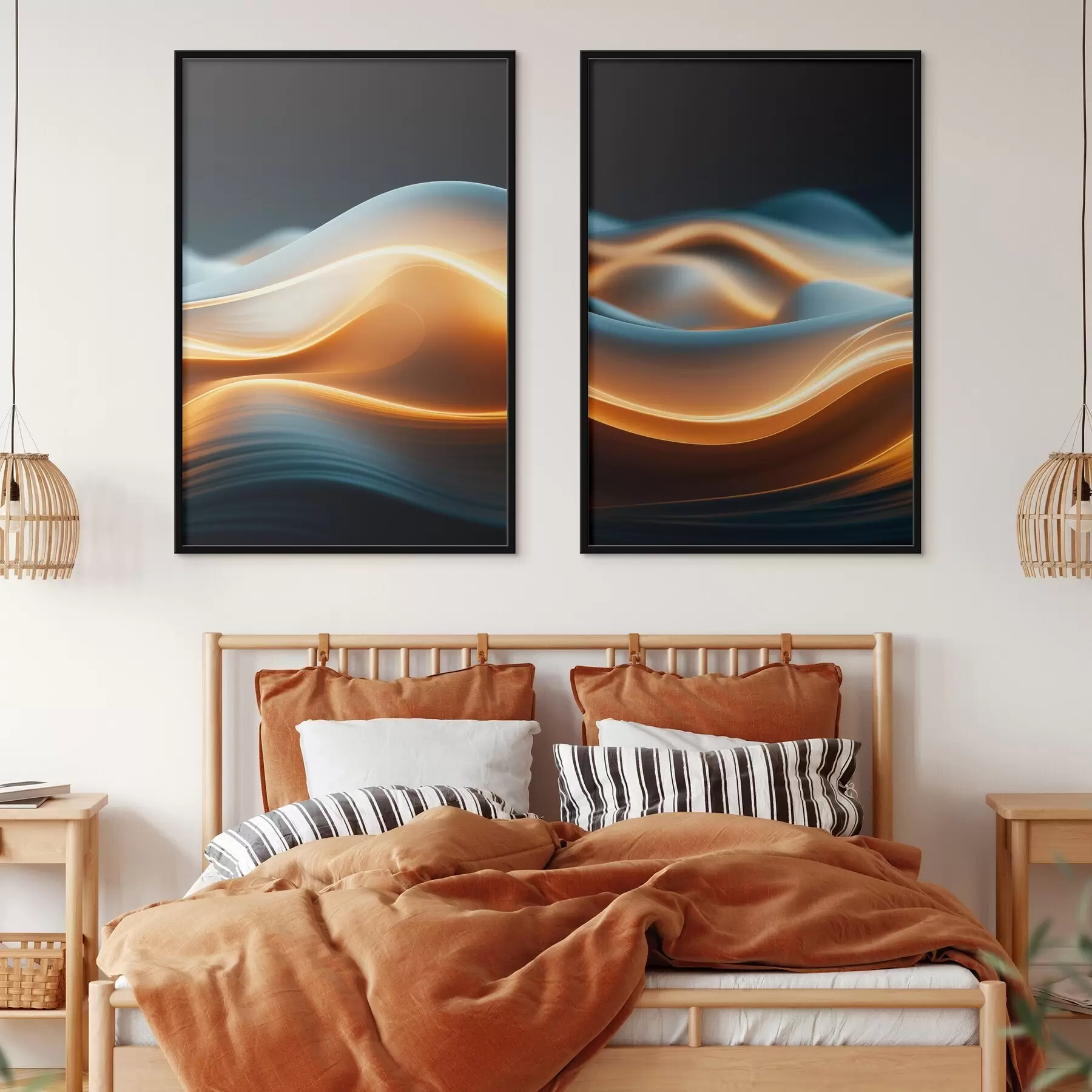 murales de pared Formas abstractas fluidas con líneas naranjas, curvas y líneas suaves, composición dinámica, fondo oscuro d00526