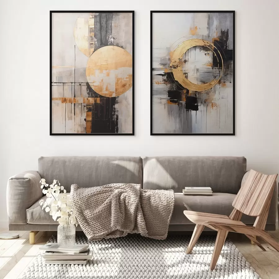 murales de pared Cuadro abstracto con círculos, líneas negras y amarillas, y un fondo con tonos grises y blancos d00527