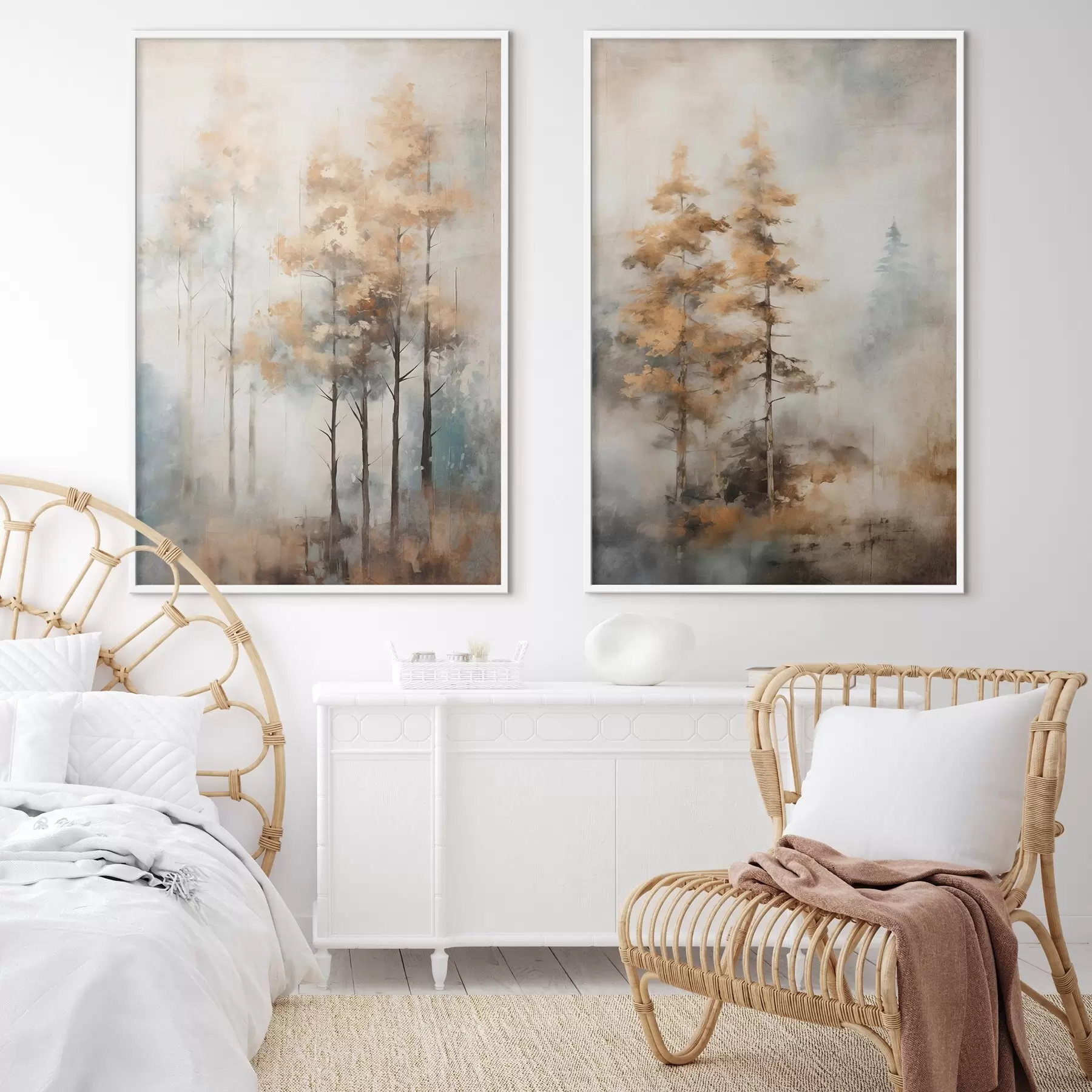 murales de pared Árboles altos con textura y hojas amarillas en un bosque , el fondo es una mezcla de suaves tonos azules y marrones d00528