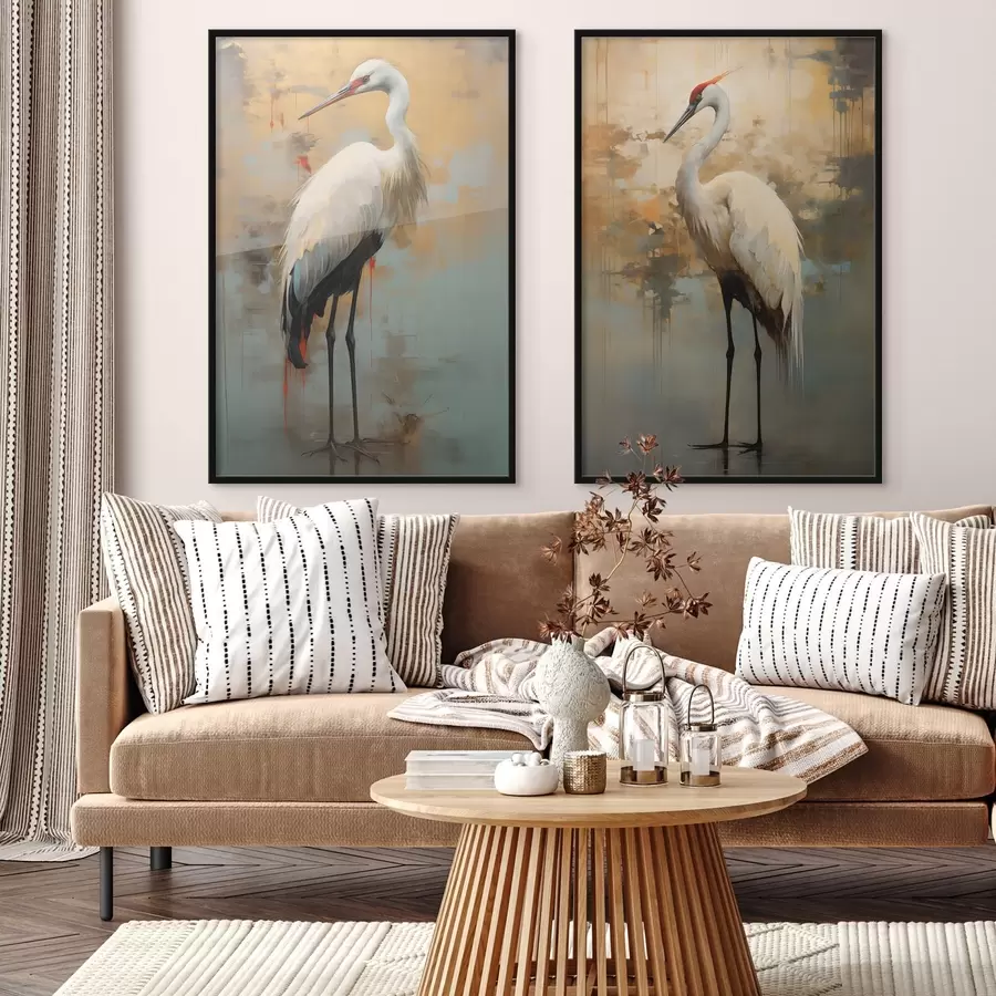 murales de pared Garza blanca sobre un fondo de tonos amarillos, marrones y azules apagados que sugieren un paisaje brumoso y abstracto d00530