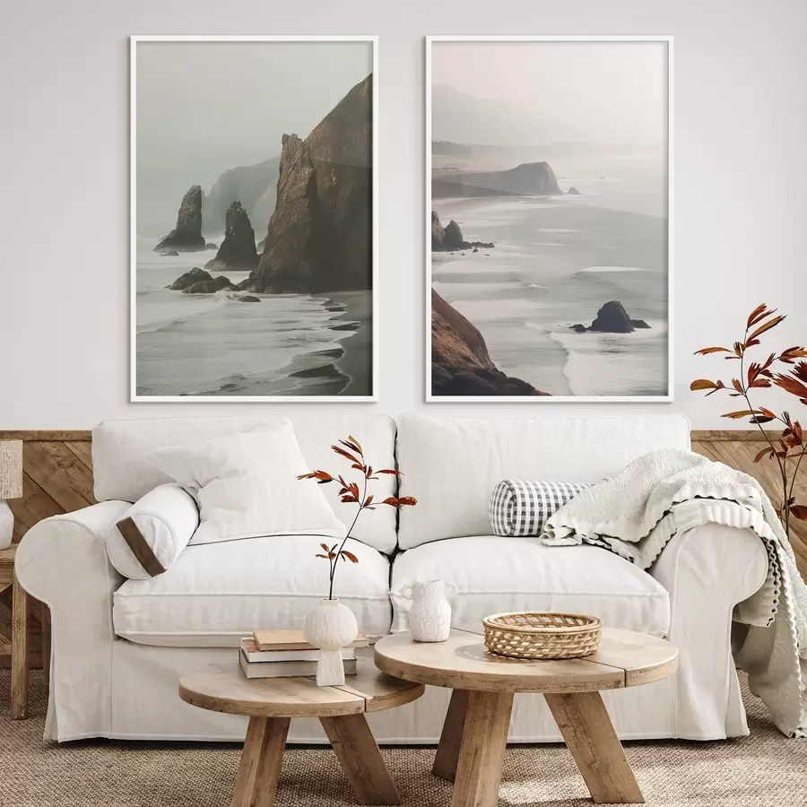 murales de pared Acantilados rocosos y litoral marino, olas rompiendo en la orilla, paisaje con una atmósfera malhumorada, tonos terrosos d00531