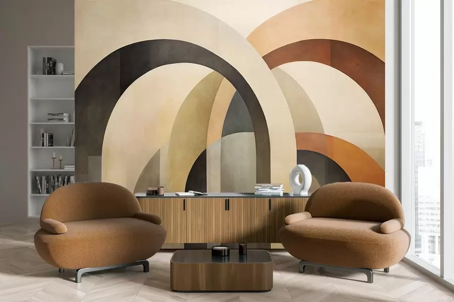 murales de pared Arcos geométricos abstractos con textura en tonos tierra de beige, marrón y gris, un diseño arquitectónico moderno en capas. w09611