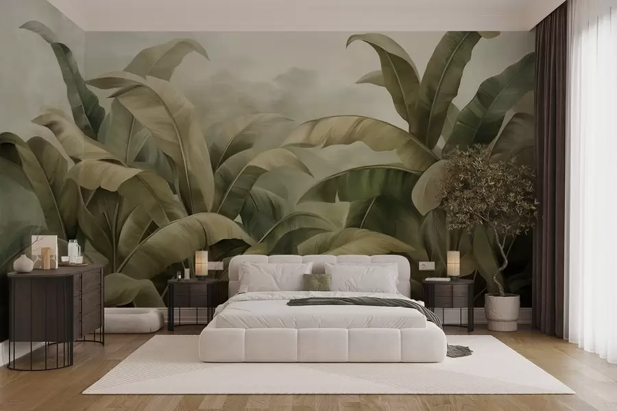 murales de pared Paisaje selvático denso y texturizado con grandes hojas de plátano en tonos verdes y beige apagados. w09613