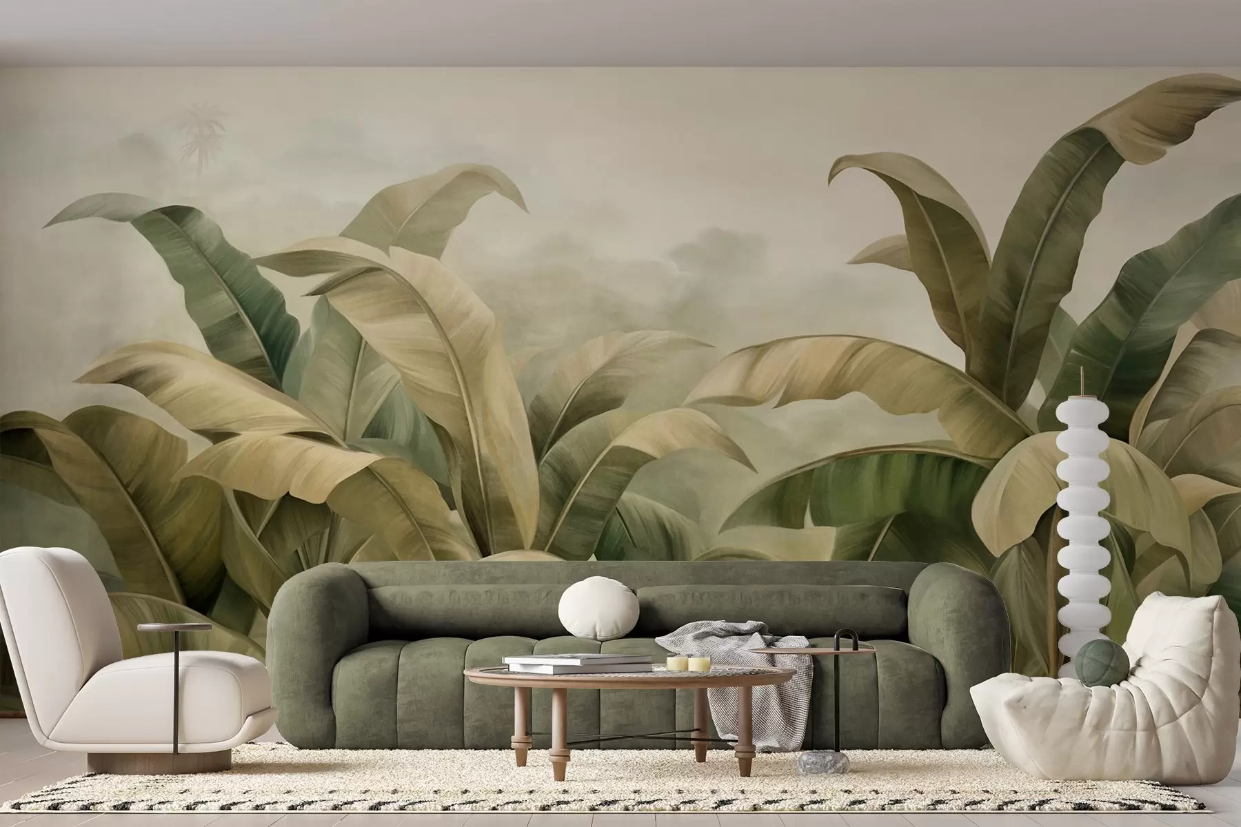 murales de pared Paisaje selvático denso y texturizado con grandes hojas de plátano en tonos verdes y beige apagados. w09613