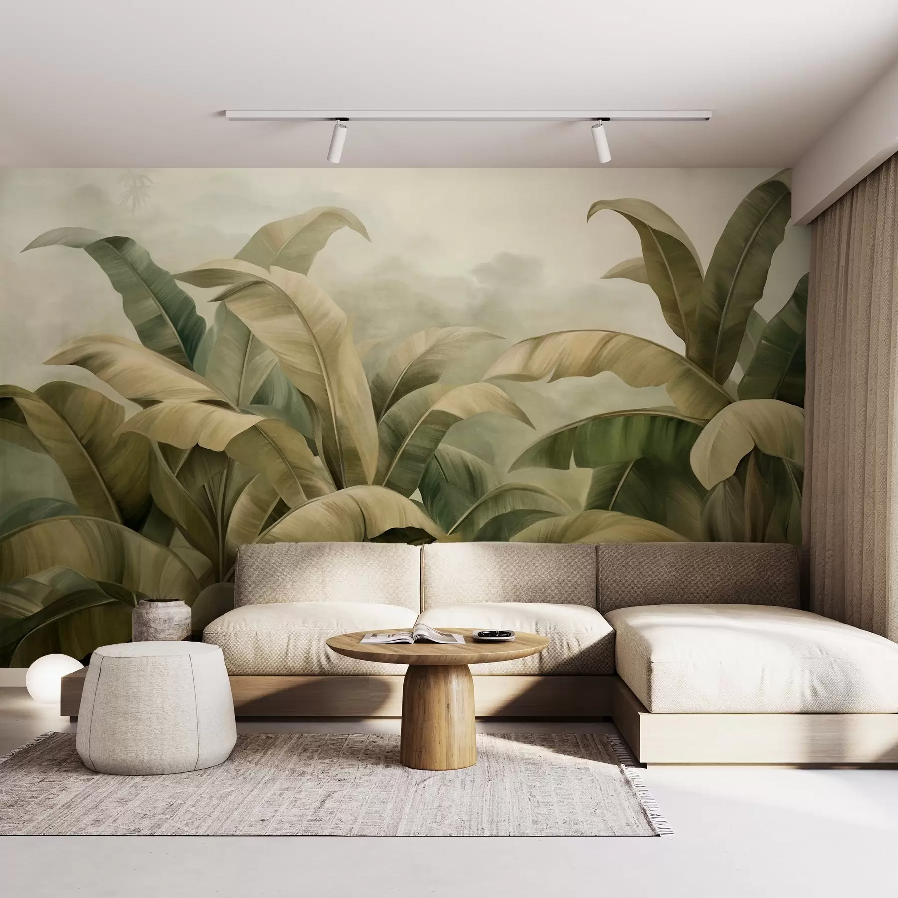 murales de pared Paisaje selvático denso y texturizado con grandes hojas de plátano en tonos verdes y beige apagados. w09613