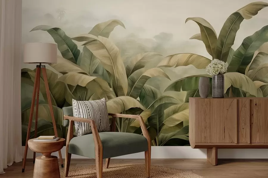 murales de pared Paisaje selvático denso y texturizado con grandes hojas de plátano en tonos verdes y beige apagados. w09613
