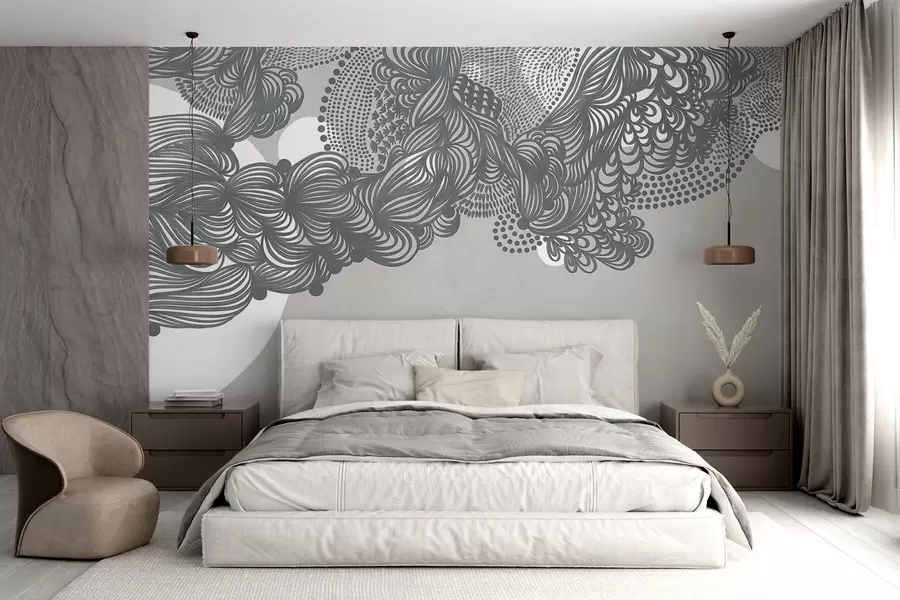 murales de pared Diseño abstracto con textura sobre fondo gris, con líneas intrincadas y texturas punteadas. w09621v1
