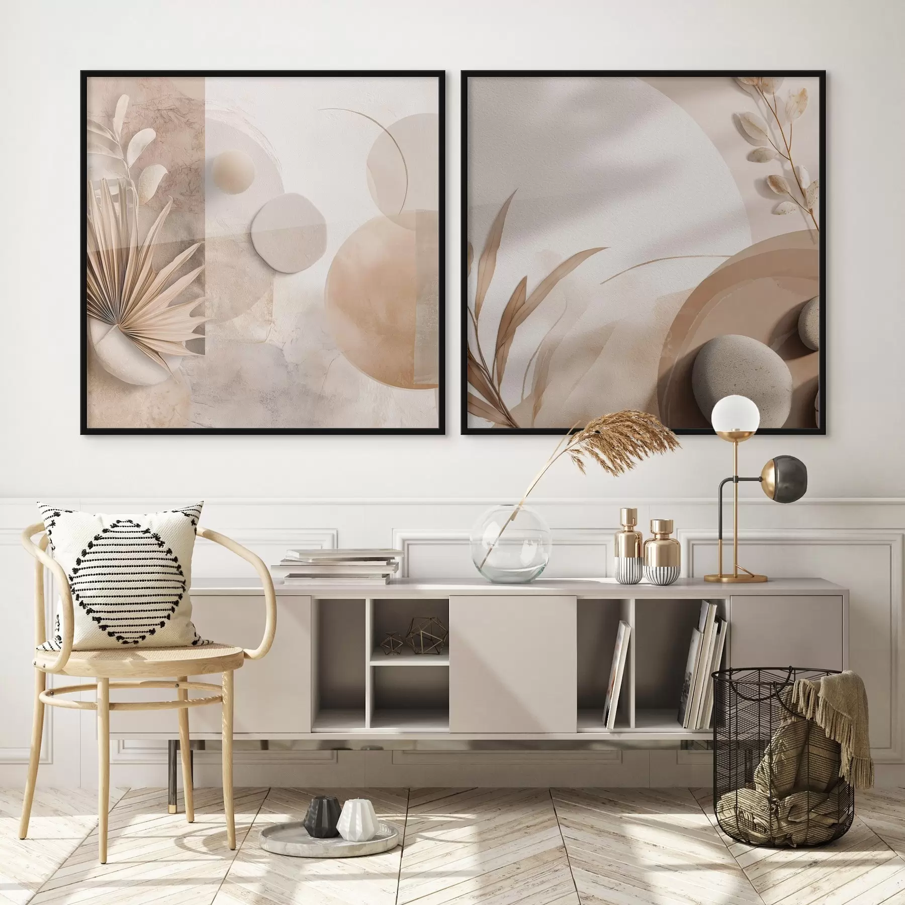 murales de pared Dos lienzos con hojas secas y formas texturizadas d00893