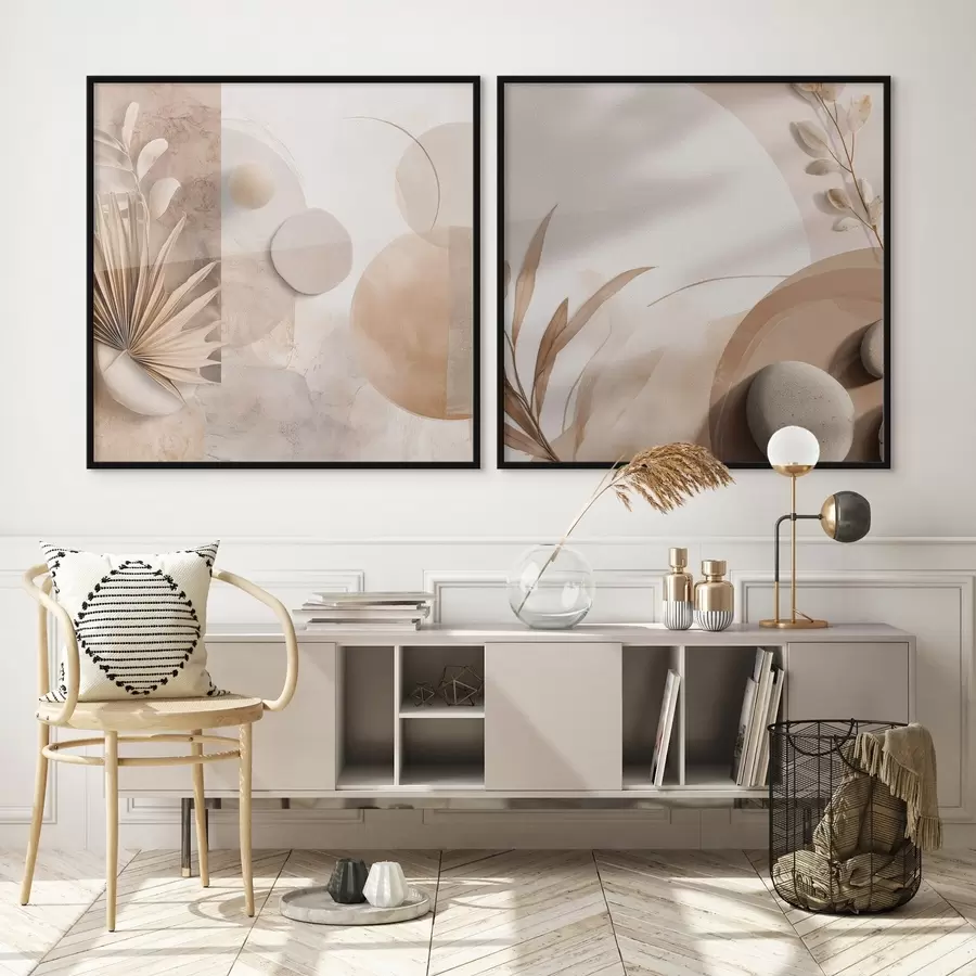 murales de pared Dos lienzos con hojas secas y formas texturizadas d00893