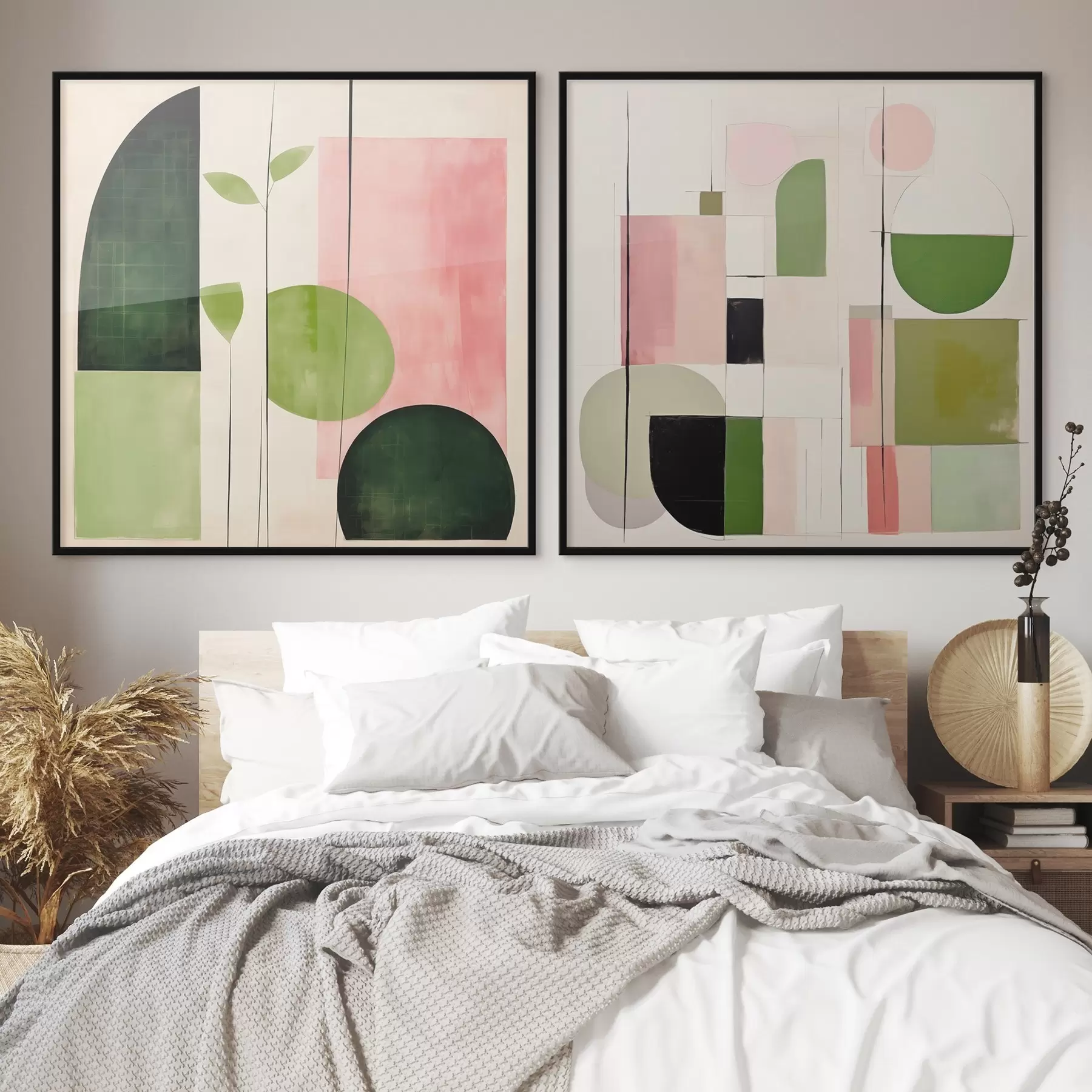 murales de pared Díptico minimalista con motivos florales y geométricos estilizados d00894